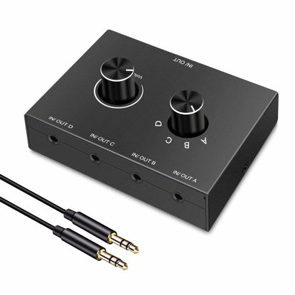 Picture of 4 Way 3.5mm Stereo Audio Switch, AUX 3.5mm Audio Switch Audio Switcher Passive Speaker Headphone Manual Selector Splitter Box Audio Sharing (4/1 in -1/4 Out)