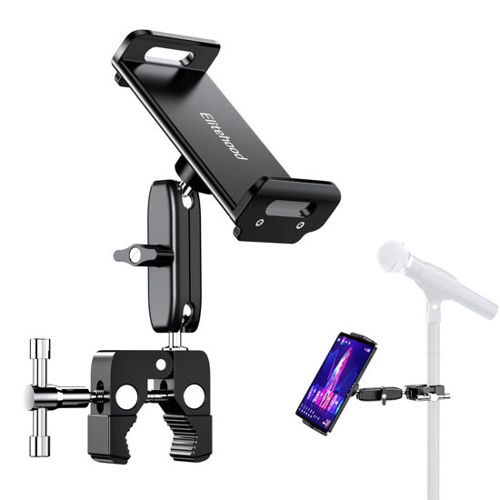 Picture of elitehood 2024 Newest Dual Ball Head Aluminum Tablet Holder for Mic Stand, Adjustable iPad Mic Stand Holder, Side Mount Microphone Music Stand Phone Holder Mount for iPad, iPhone, 4-13in Tablets