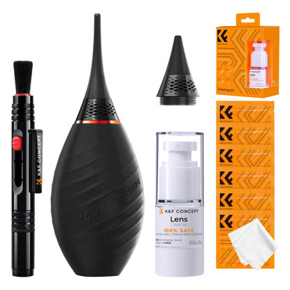 Picture of K&F Concept 10-in-1 Camera Lens Cleaning Kit for DSLR Camera Lens Filter Cell Phones with Advanced Silicone Air Blower*1+Short Nozzle*1+Long Nozzle*1+Cleaning Cloth*6+Cleaning Pen*1+15ML Cleaner*1