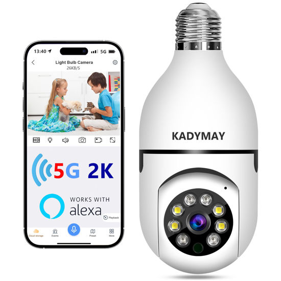 Picture of Kadymay Light Bulb Security Camera, 2K HD 5G/2.4GHz WiFi Dual-Band Screw in E27 Light Socket Security Camera Lightbulb, Wireless Light Bulb Camera 360° w/Motion Detection and Auto Tracking-Alexa