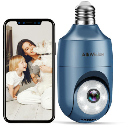 Picture of AlkiVision 2K Light Bulb Security Cameras, 2.4G Hz 360° Motion Detection Cameras for Home Security Outside, Full-Color Night Vision, Auto Tracking, Siren Alarm, 24/7 Recording