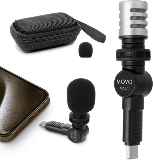 Picture of Movo External USB-C Microphone for iPhone 15 - Mic for iPhone 15, USB-C Devices - Portable Condenser Shotgun Mic for Video Recording, Voiceover, Interview, Travel, Vlogging, YouTube (Latest Version)