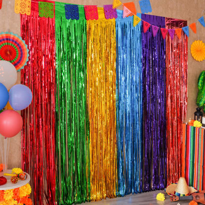 Picture of Mega-L Fiesta Party Decorations Foil Fringe Curtains Backdrop, 2 Pack Mexican Themed 3.3x6.6ft Tinsel Streamers Perfect for Spain Taco Party Photo Booth Props,Cinco de Mayo Dia De Los Muertos Decor