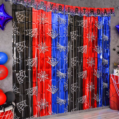 Picture of Bupelo Spider Web Birthday Decorations, 2 Pack Spider Party Supplies 3.3x6.6ft Tinsel Foil Fringe Curtains, Red Black, and Blue Photo Booth Prop Backdrop Streamer, Birthday Decor, Party Decor for Boys