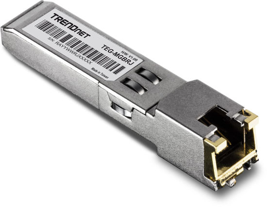 Picture of TRENDnet SFP to RJ45 1000BASE-T Copper SFP Module, TEG-MGBRJ, 100m (328 Ft.), RJ45 Connector, Hot Pluggable, Supports Data Up to 1.25Gbps, IEEE 802.3ab Gigabit Ethernet, Lifetime Protection, Silver