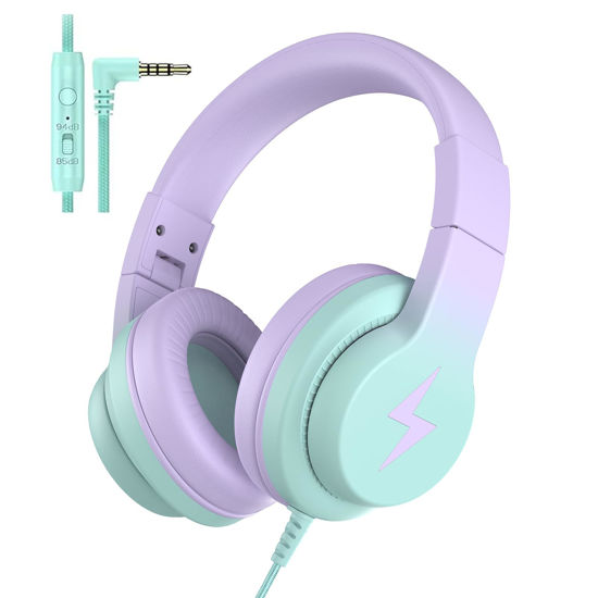 Picture of Candy Bila Kids Headphones, Wired Headphones for Kids Over Ear with Microphone, 85/94dB Volume Limiter Headphones for Girls Boys, Foldable Headphones for Learning & Entertainment,Gradient Purple