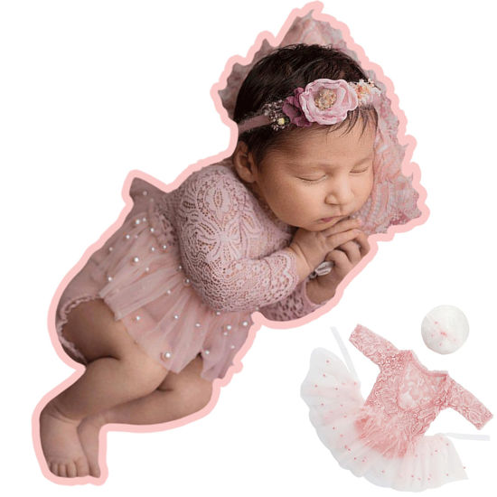 Picture of Pink Lace Infant Girl Photography Outfit - Pearl Lace Romper and Headband for Newborn Photoshoots (Long Sleeve, 0-2 Months)