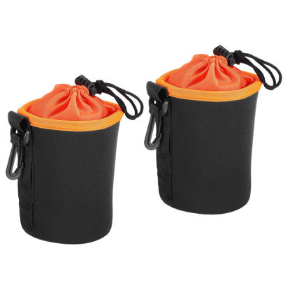 Picture of PATIKIL Camera Lens Bag, 2 Pcs 3.5" IDx5.5 H Drawstring Lens Pouch with Thick Protective Neoprene, Lens Case for DSLR Camera Lens, Water Coffee Cups, Black Orange