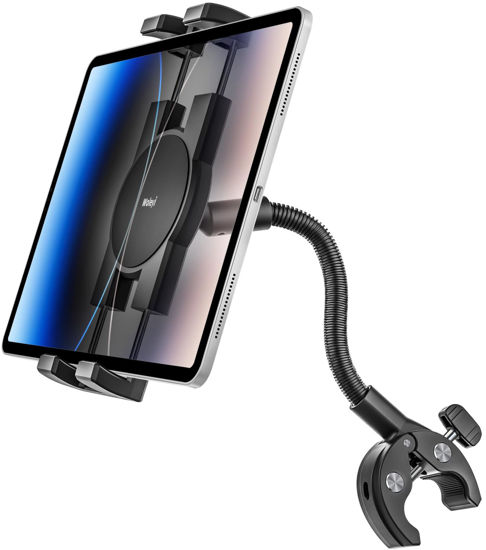 Picture of Gooseneck Tablet Holder for Wheelchair/Stroller/Golf Cart/Boat/Mic stand/Indoor Cycling Bike/Gym Bicycle Handlebar Clamp, Compatible with 4.7-12.9" iPad Pro/Air/Mini, iPhone, Galaxy, Fire HD, E-book