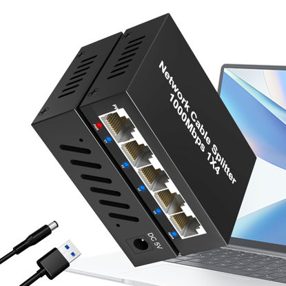 Picture of Gigabit Ethernet Splitter 1 to 4 High Speed 1000Mbps, LAN Splitter Ethernet Switch Either Network Splitter with USB Power Cable, RJ45 Internet Splitter Adapter [4 Devices Simultaneously Networking]