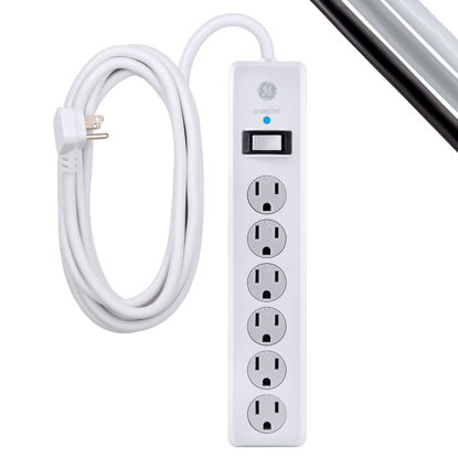 Picture of GE 6-Outlet Surge Protector, 15 Ft Extension Cord, Power Strip, 800 Joules, Flat Plug, Twist-to-Close Safety Covers, Protected Indicator Light, UL Listed, White, 50768