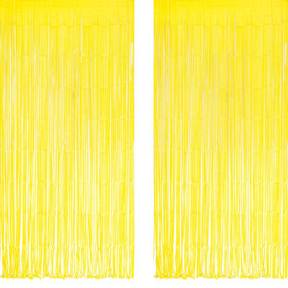 Picture of Yellow Streamers Party Backdrop - GREATRIL Foil Fringe for Pineapple/Lemon/Truck/Race Birthdays Party Decoration - 3.2ft X 8.2ft - 2 Packs