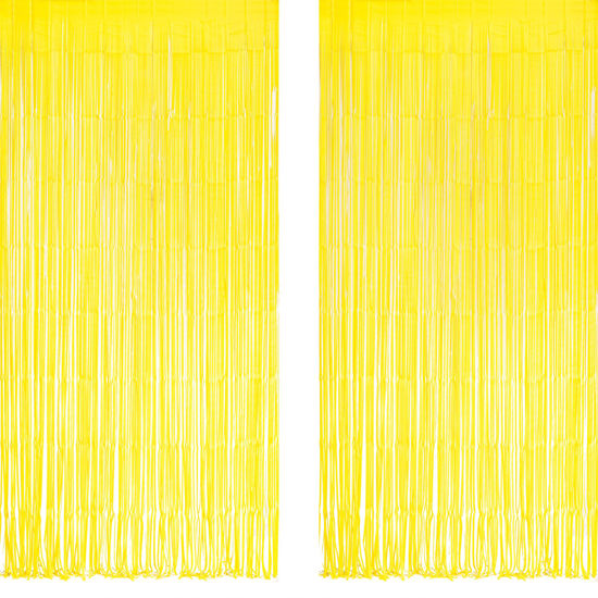 Picture of Yellow Streamers Party Backdrop - GREATRIL Foil Fringe for Pineapple/Lemon/Truck/Race Birthdays Party Decoration - 3.2ft X 8.2ft - 2 Packs