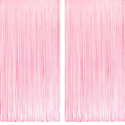 Picture of Pastel Pink Party Backdrop Decoration - GREATRIL Baby Pink Foil Fringe Streamers for Baby/Valentines/Cowgirl/Sweet/Cloud/Unicorn/Princess/Bow Themed - 3.2ft X 8.2ft - 2 Packs