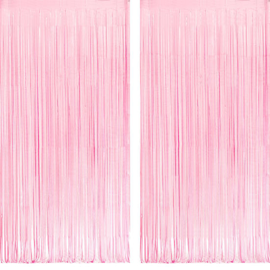 Picture of Pastel Pink Party Backdrop Decoration - GREATRIL Baby Pink Foil Fringe Streamers for Baby/Valentines/Cowgirl/Sweet/Cloud/Unicorn/Princess/Bow Themed - 3.2ft X 8.2ft - 2 Packs