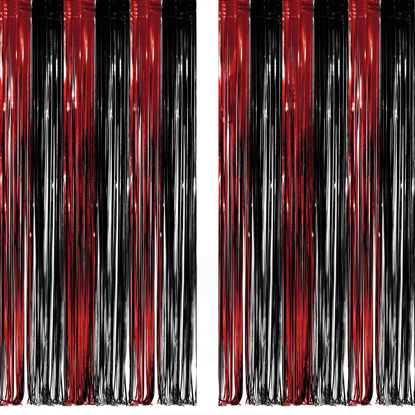 Picture of Black Red Party Streamers Backdrop - GREATRIL Foil Fringe Tinsel for Stranger/Friday Party - 3.2ft X 8.2ft - 2 Packs