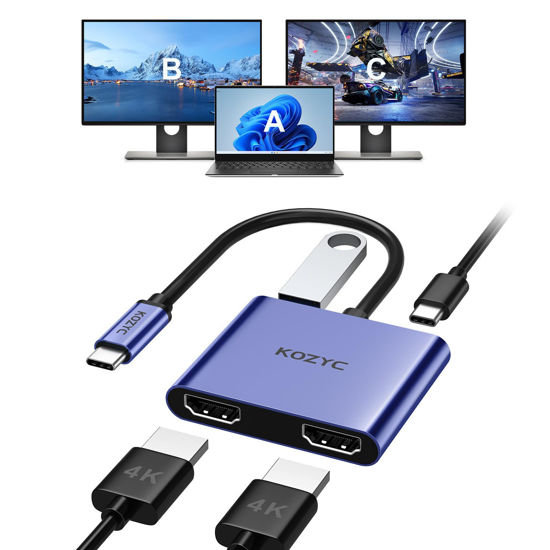 Picture of KOZYC USB C to Dual HDMI Adapter 4K@30Hz, USB C Hub Multiport Adapter with 2xHDMI, USB 3.0, 100W PD, Support USB C to HDMI Splitter Extended Display (MST Only Support Windows), Dark Purple