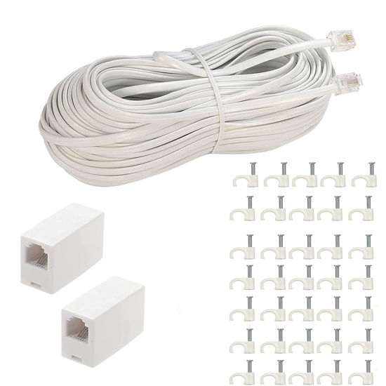 Picture of LanSenSu Phone Extension Cord100 Ft, Phone Cord ，Telephone Cable with Standard RJ11Plug and 2 in-Line Couplers and 35 Cable Clip Holders, White (White, 100 Feet)