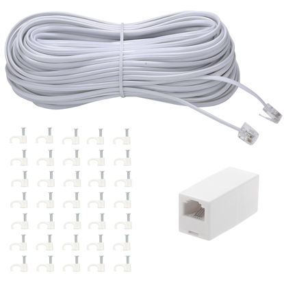 Picture of Ubramac 100Feet Long Telephone Extension Cord Phone Cable Line Wire, with Standard RJ11 Plug and 1 in-Line Couplers and 35Cable Clip Holders-White