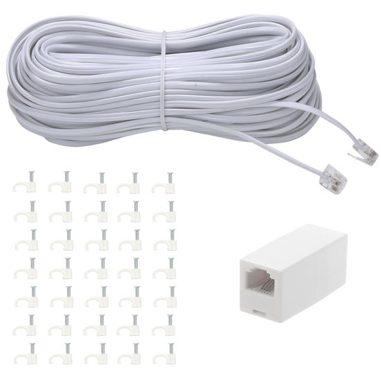 Picture of Ubramac 100Feet Long Telephone Extension Cord Phone Cable Line Wire, with Standard RJ11 Plug and 1 in-Line Couplers and 35Cable Clip Holders-White