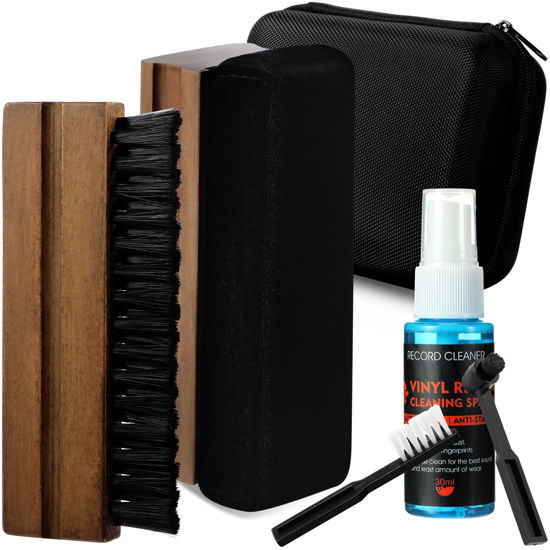 Picture of Ziliny 6 Pcs Vinyl Record Cleaning Kit includes Velvet Soft Record Brush, Nylon Brush, 2 Microfiber Brush, Cleaner Fluid and Storage Box, Vinyl Record Cleaning Brush Kit (Dark Brown)