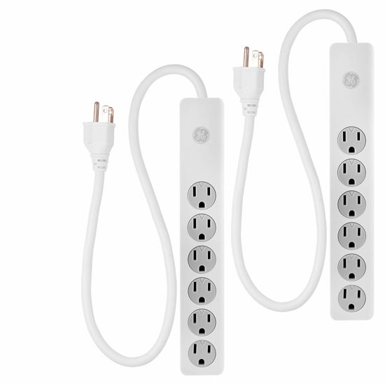 Picture of GE 6-Outlet Surge Protector, 2 Pack, 2 Ft Extension Cord, Power Strip, 450 Joules, Heavy Duty Plug, Twist-to-Close Safety Covers, UL Listed, White, 54625