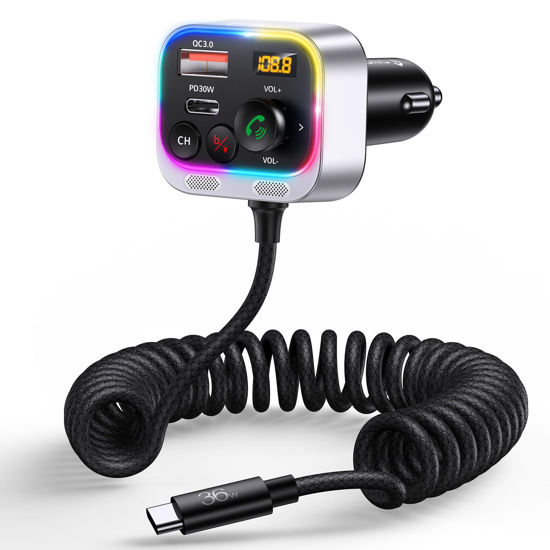 Picture of Syncwire Bluetooth 5.4 FM Transmitter Car Adapter, 66W PD QC 3.0 Fast Charge Car Charger with USB-C Coiled Cable, Wireless FM Radio Adapter, Strong Mics, Bass HiFi Sound, Hands-free Call, Light Switch