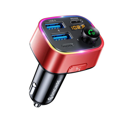 Picture of Syncwire Bluetooth 5.3 FM Transmitter Car Adapter 48W (PD 36W & 12W) [Light Switch] [Hi-Fi Deep Bass] [Fast Charge] Wireless Radio Music Adapter LED Display Hands-Free Calling Support USB Drive, Red