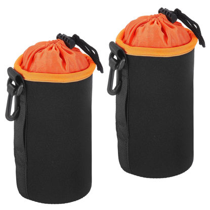 Picture of PATIKIL Camera Lens Bag, 2 Pcs 3.9" IDx7.1 H Drawstring Lens Pouch with Thick Protective Neoprene, Lens Case for DSLR Camera Lens, Water Coffee Cups, Black Orange