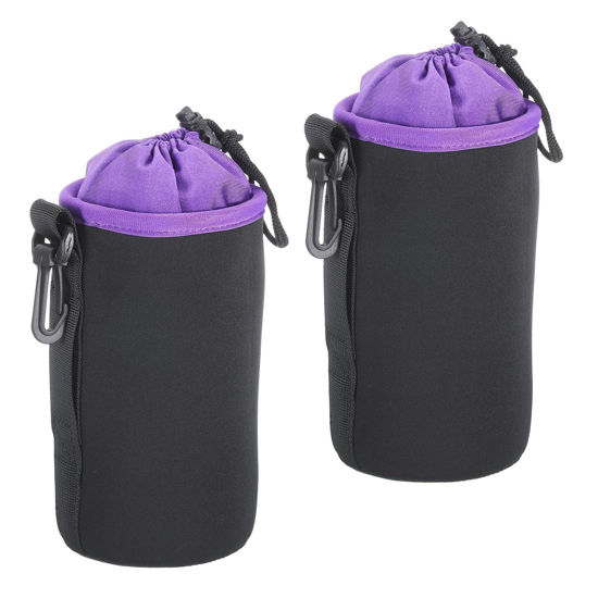 Picture of PATIKIL Camera Lens Bag, 2 Pcs 3.9" IDx7.1 H Drawstring Lens Pouch with Thick Protective Neoprene, Lens Case for DSLR Camera Lens, Water Coffee Cups, Black, Purple