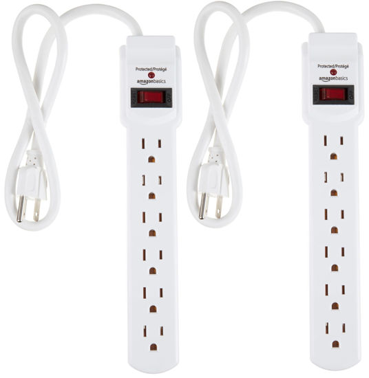 Picture of Amazon Basics Rectangular 6-Outlet, 200 Joule Surge Protector Power Strip, 2 Foot, White - Pack of 2