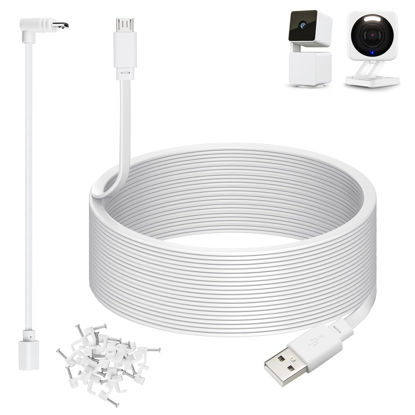 Picture of 50ft Power Cable for Wyze Cam v4,Wyze Cam Pan v3,Wyze OG,Wyze Cam v3 and v3 Pro Security Cameras - 15m Long Flat Extension USB to Micro USB Charging Cord with L-Shaped Adapter, White