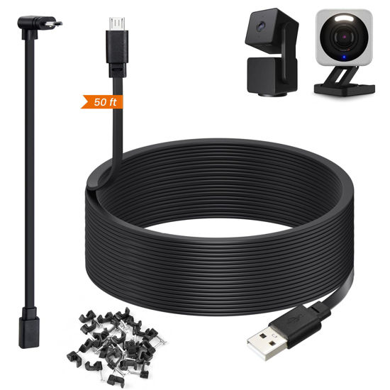 Picture of 50ft Power Cable for Wyze Cam v4,Wyze Cam Pan v3,Wyze OG,Wyze Cam v3 and v3 Pro Security Cameras - 15m Long Flat USB to Micro USB Charging Extension Cord with L-Shaped Adapter, Black