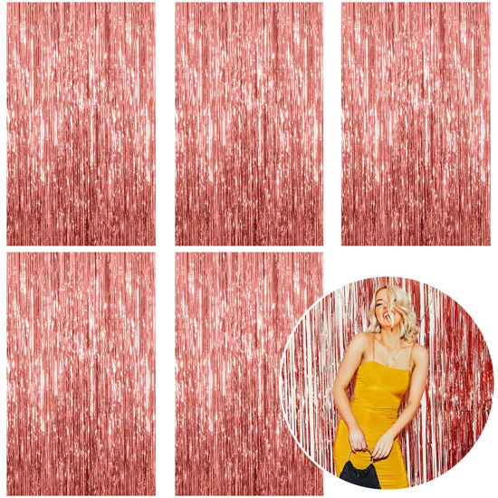 Picture of 5 Pack Foil Curtain Backdrop Rose Gold Metallic Tinsel Foil Fringe Curtains Photo Booth Props for Birthday Wedding Engagement Baby Shower Bachelorette Christmas Holiday Celebration Party Decorations