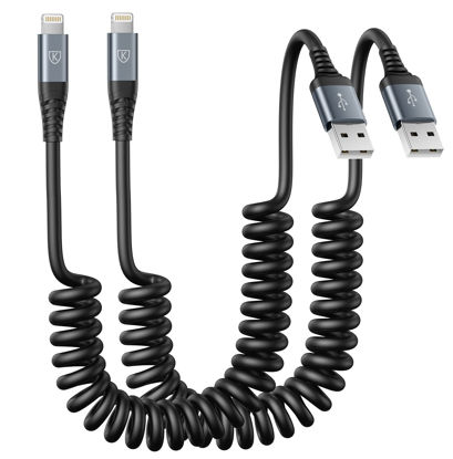 Picture of Coiled Lightning Cable, iPhone Charger Cable 3FT for Car, 2 Pack [Apple MFi Certified] 3 Feet Lightning Cord Compatible with iPhone14/13/12/11 Pro Max/XS MAX/XR/XS/X/8/7/Plus/6S iPad/iPod- Black