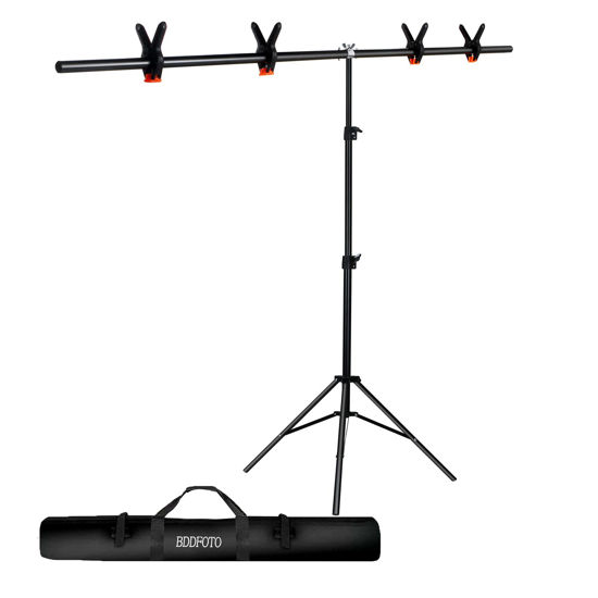 Picture of T-Shape Backdrop Stand 1.5 x 2m for Parties, BDDFOTO Photo Studio Background Stand System Height-Adjustable Tripod Stand with 4 Backets for Photo Studio Video Photography