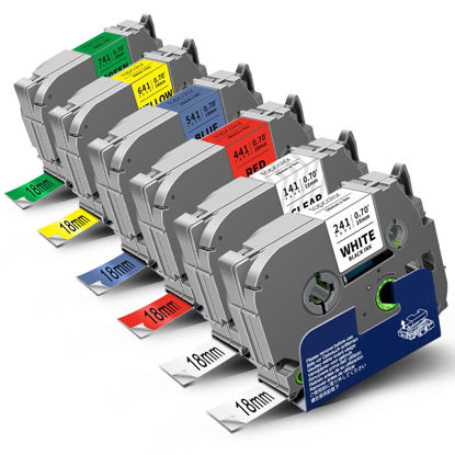 Picture of Topcolor 6-Pack Tz 18mm 0.7" Laminated Label Tape Compatible for Brother Tze-141 Tze-241 Tze-441 Tze-541 Tze-641 Tze-741 P Touch Tze 3/4 Inch Tape for PTD410 PTD400 PTD610BT PTD600 PTP750W PTP710BT