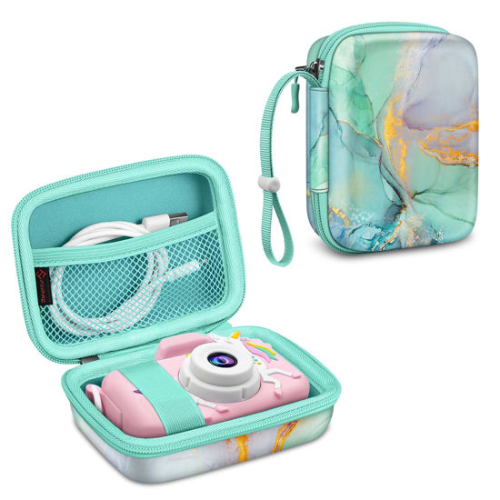 Picture of Fintie Kids Camera Case Compatible with Goopow/Mgaolo/CIMELR/Seckton/GKTZ/Desuccus/OZMI/Agoigo/Ourlife/Unicorn Kids Camera Toys & Video Camera, Hard Carrying Bag with Inner Pocket, Emerald Marble