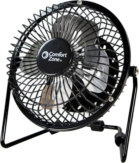 Picture of Comfort Zone Mini Portable Desk Fan with 360-Degree Adjustable Tilt, Dual Powered (USB or Power Cord), 4 inch, All-Metal Construction, Airflow 3.31 ft/sec, Ideal for Home, Bedroom & Office, CZHV4BK