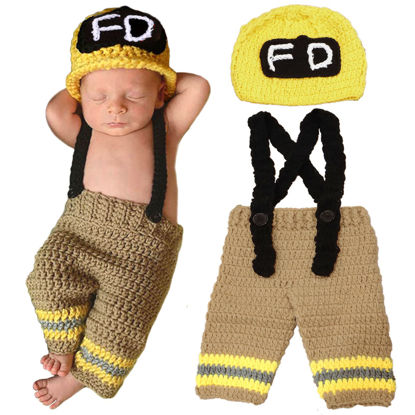 Picture of SPOKKI Newborn Photography Outfits Boy, 2 PCS Baby Crochet Firefighter Fireman Costume Photo Prop for Boys Girls Twins Photoshoot Christmas Outfits /0-3 months (Yellow)