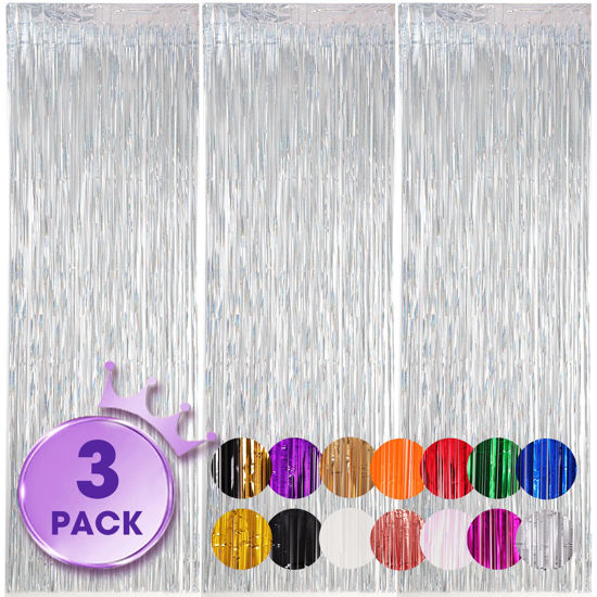 Picture of Voircoloria 3 Pack 3.3x8.2 Feet Laser Silver Foil Fringe Backdrop Curtains, Tinsel Streamers Birthday Party Decorations, Fringe Backdrop for Graduation, Baby Shower, Gender Reveal, Disco Party