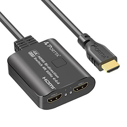 Picture of HDMI Switch 4K 60Hz with 2FT Fixed HDMI Cable, PORTTA Bi-Directional HDMI Splitter 1 in 2 Out, HDMI Switch 2 in 1 Out, HDMI 2.0 Switcher Support HDCP 2.2 HDR10 3D for Xbox PS4 Roku HDTV Monitor