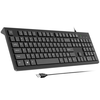 Picture of Computer Keyboard Wired, Plug Play USB , Low Profile Chiclet Keys, Large Number Pad, Caps Indicators, Foldable Stands, Spill-Resistant, Anti-Wear Letters for Windows Mac PC Laptop, Full Size