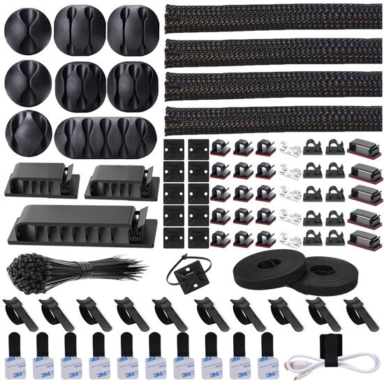 Picture of N NOROCME 192 PCS Cable Management Kit 4 Wire Organizer Sleeve,11 Cable Holder,35Cord Clips 10+2 Roll Cable Organizer Straps and 100 Fastening Cable Ties for Computer TV Under Desk, black,clear