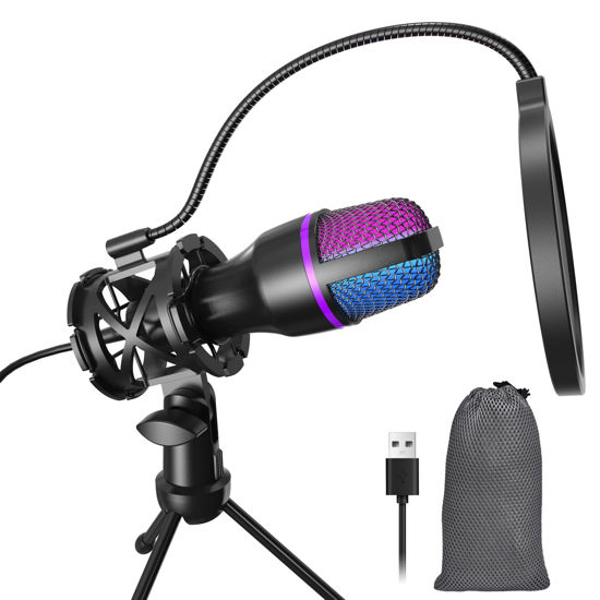 Picture of Gaming USB Microphone for PC - Beginner Online Chat Condenser Mic, RGB Computer Mic with Tripod, Pop Filter, for Streaming Podcast, Conference Call, PS4/5 PC Gamer YouTube and Skype