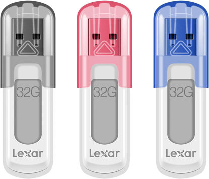 Picture of Lexar 32GB 3-Pack JumpDrive V100 USB 3.2 Gen 1 Flash Drive for Storage Expansion and Backup, Up To 100MB/s Read, Gray, Pink, Blue (LJDV100032G-B3NNU)