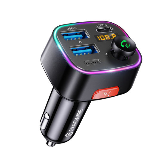 Picture of Syncwire Bluetooth 5.3 FM Transmitter Car Adapter 48W (PD 36W & 12W) [Light Switch] [HiFi Bass Sound] [Fast Charging] Wireless Radio Music Adapter LED Display Hands-Free Calling Support USB Drive