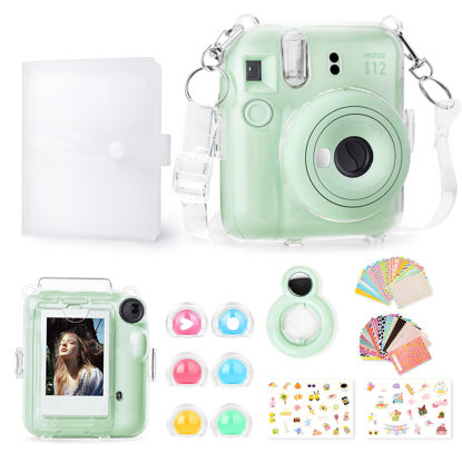 Picture of Rieibi Accessories for Fujifilm Instax Mini 12, Gift Bundle Includes Clear Instax Mini 12 Case with Strap, Mini Photo Album, Selfie Mirror, DIY Stickers, Color Filter (No Camera) - Green