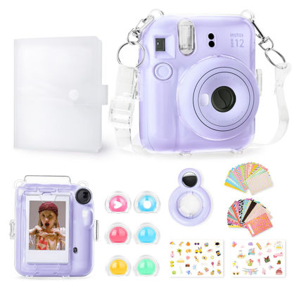 Picture of Rieibi Accessories for Fujifilm Instax Mini 12, Gift Bundle Includes Clear Instax Mini 12 Case with Strap, Mini Photo Album, Selfie Mirror, DIY Stickers, Color Filter (No Camera) - Purple