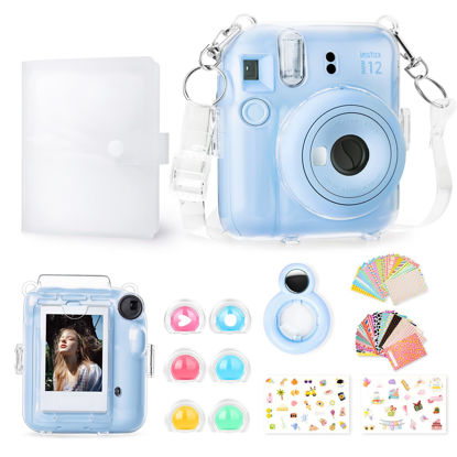 Picture of Rieibi Accessories for Fujifilm Instax Mini 12, Gift Bundle Includes Clear Instax Mini 12 Case with Strap, Mini Photo Album, Selfie Mirror, DIY Stickers, Color Filter (No Camera) - Blue